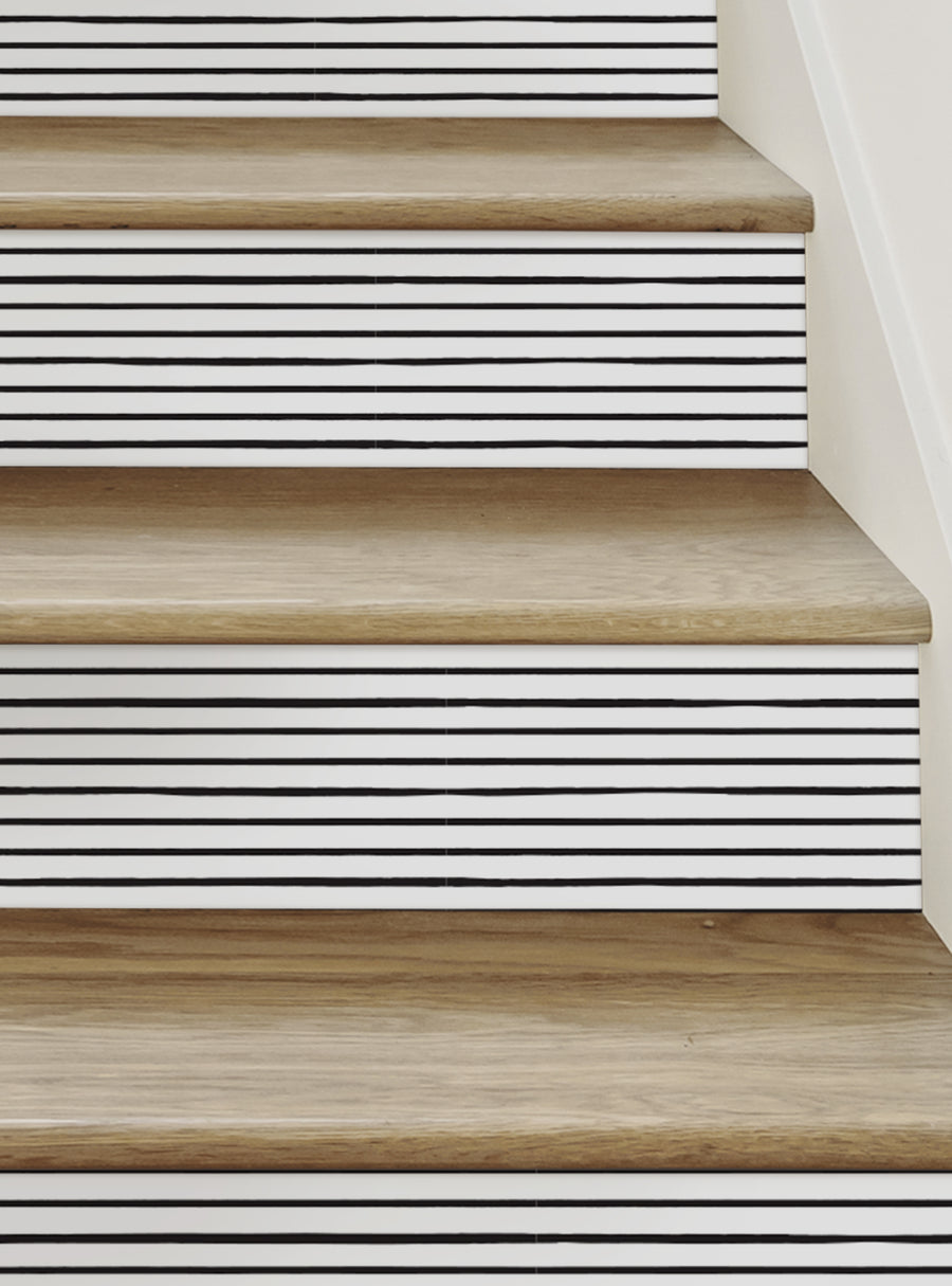 Painted Horizontal Lines Peel and Stick Stair Riser Strips - Add a unique hand-drawn painted look to your steps with these re-positionable wall stickers, designed and made in New Jersey. Printed onto adhesive-backed vinyl that can be removed, repositioned, and reused. , Top Sellers,Stair Riser Decals,All Products,Geometric Pattern Stair Riser Stickers