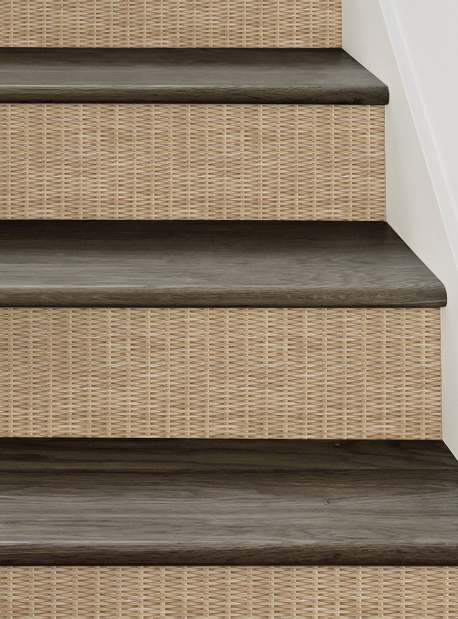 Wooden stairs with a rattan-weave look, perfect for adding a boho style to your home. These peel and stick stair riser strips are easy to apply and reposition, allowing for DIY decorating with no mess. , Top Sellers,Stair Riser Decals,All Products,Surface and Texture Look Stair Riser Stickers