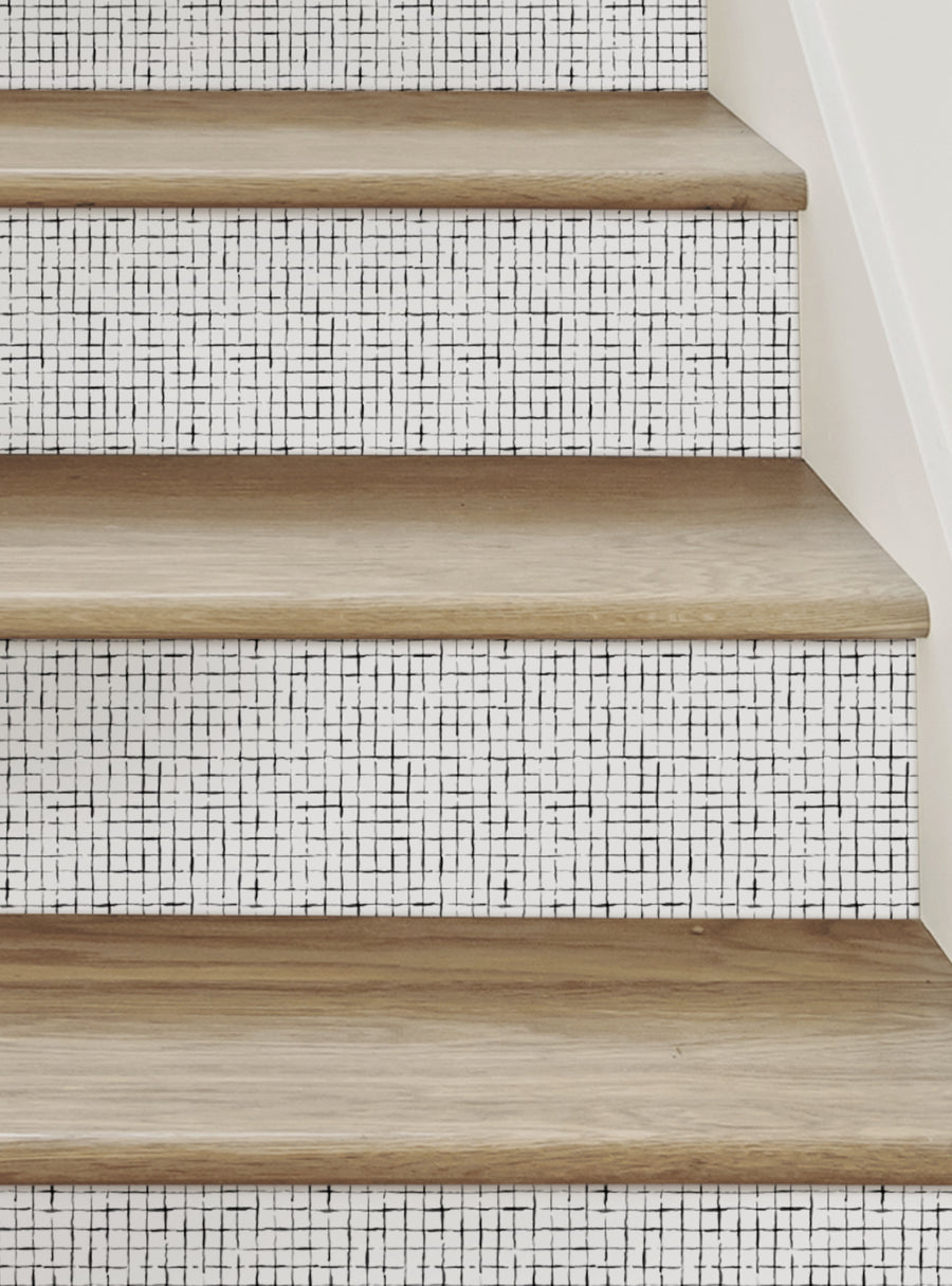 Crosshatch peel and stick stair riser strips with a clean, minimal, and hand-drawn geometric pattern in a variety of colors to accent your space. These repositionable vinyl wall stickers are easy to apply and remove without any stress or mess, making DIY home decor a breeze. , Top Sellers,Stair Riser Decals,All Products,Geometric Pattern Stair Riser Stickers