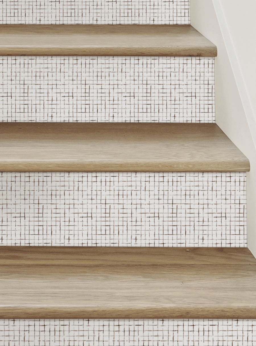 Wooden stairs with a geometric mosaic tile pattern on the risers, Crosshatch Peel and Stick Stair Riser Strips, Top Sellers, Stair Riser Decals, All Products, Geometric Pattern Stair Riser Stickers