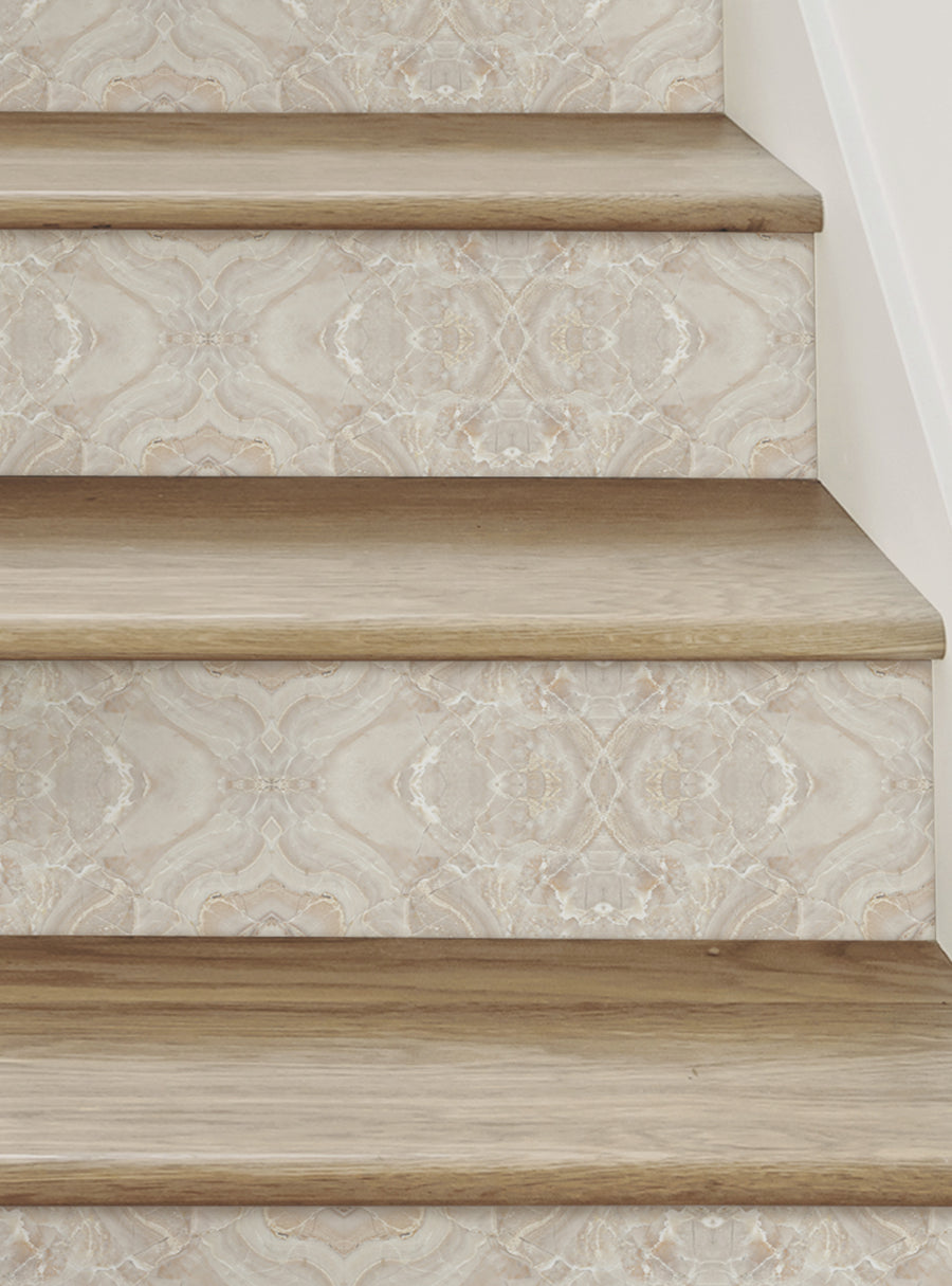 Patterned marble look peel and stick stair riser strips with a warm, repetitive stone design printed on premium adhesive-backed vinyl that can be easily removed, repositioned, and reused without stress or mess. Featured Collection, Top Sellers, Stair Riser Decals, All Products, Surface and Texture Look Stair Riser Stickers.