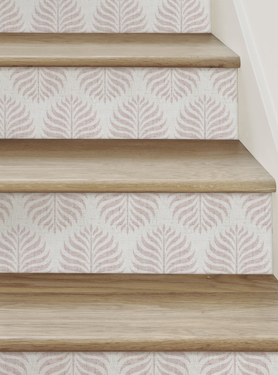 Elegant and minimalist fern pattern decorating the wooden stair risers, creating a simple yet contemporary look. Featured Collection,Top Sellers,Stair Riser Decals,All Products,Nature and Floral Stair Riser Stickers