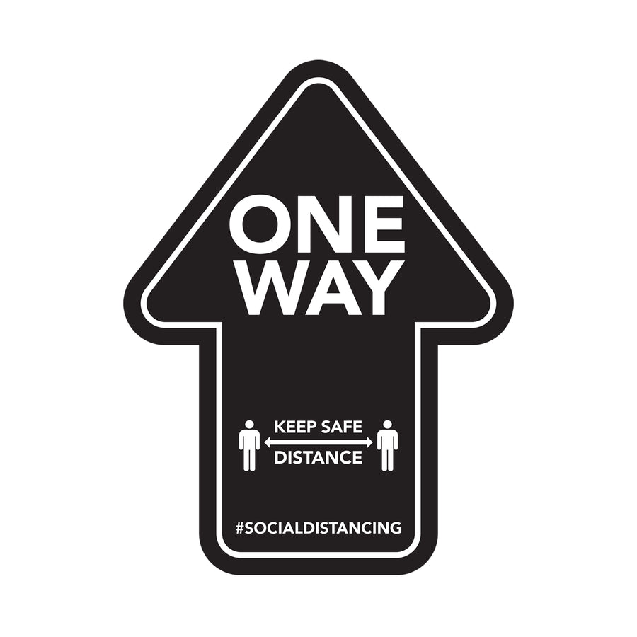 This image shows a black and white floor sticker with a large directional arrow and the text "ONE WAY" prominently displayed. The sticker also includes the text "KEEP SAFE DISTANCE" and the hashtag "#SOCIALDISTANCING", indicating that it is a product designed to promote social distancing in a retail or commercial setting. This floor graphic is a durable, repositionable, and waterproof vinyl sticker that meets slip resistance standards, making it 