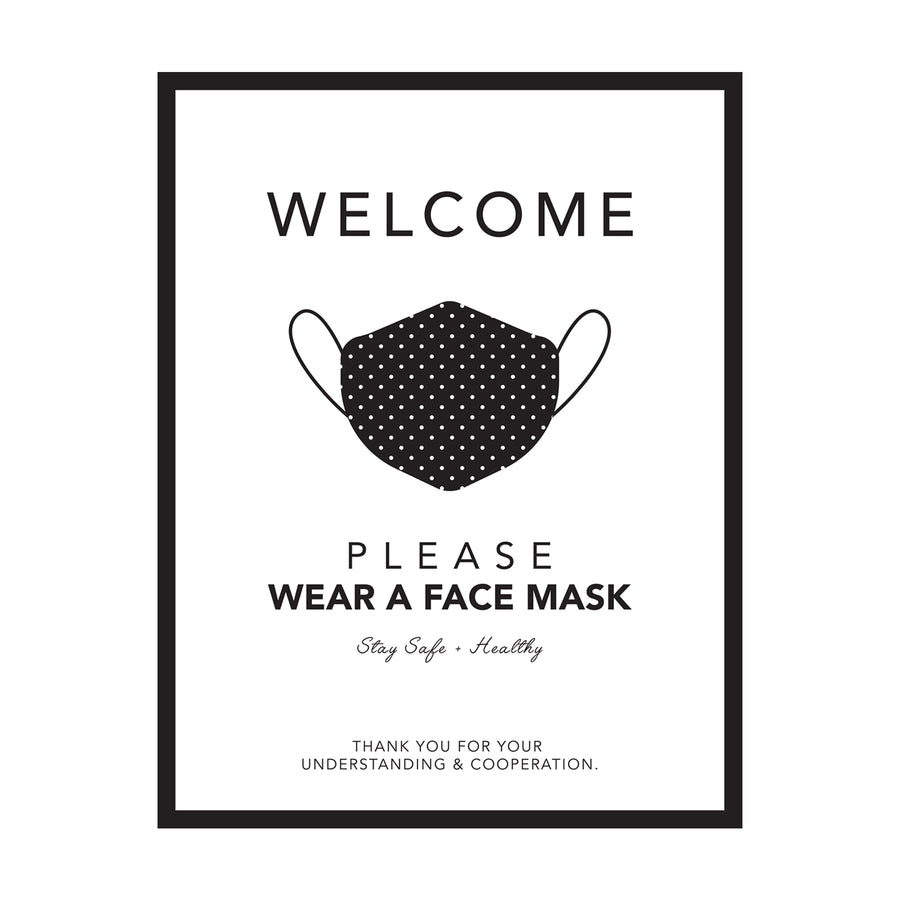 Stylish and eye-catching sign featuring a polka-dotted face mask to encourage wearing masks, with a welcoming message and a call for public health cooperation. Ideal for retail stores, boutiques, or any space looking to promote mask-wearing in a fashionable manner. This versatile wall sticker is available in multiple colors to match any decor. Top Sellers,Wall Stickers,All Products