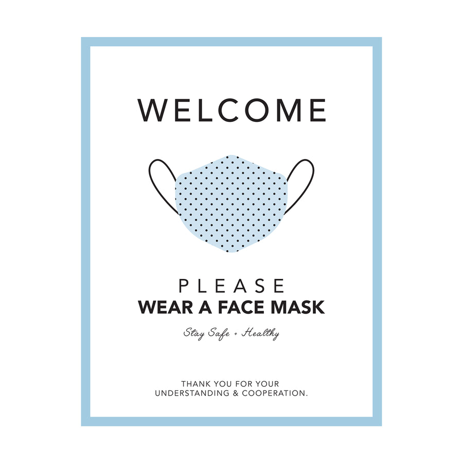 A friendly, welcome sign encouraging customers to wear a face mask, featuring a simple blue polka dot mask design. This boutique-style wall sticker can be displayed in stores or at home to promote safety and flatten the curve of the coronavirus pandemic. Waterproof and durable for high-traffic areas, this peel-and-stick fabric sticker is available in 5 colors to coordinate with any decor. , Top Sellers,Wall Stickers,All Products