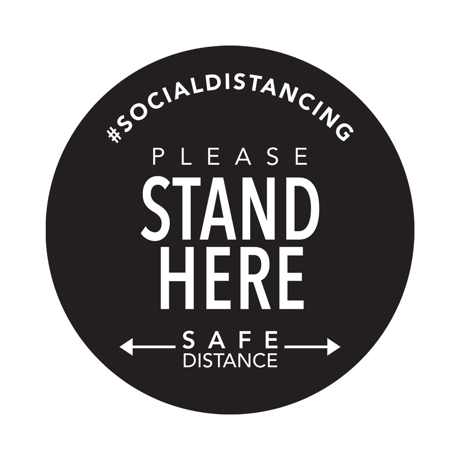 A durable, slip-resistant floor sticker with clear "Stand Here" instructions, designed to encourage social distancing during the pandemic. This Boutique-style vinyl graphic is waterproof, repositionable, and available in a set of 5 for high-traffic areas. , Top Sellers,Wall Stickers,All Products