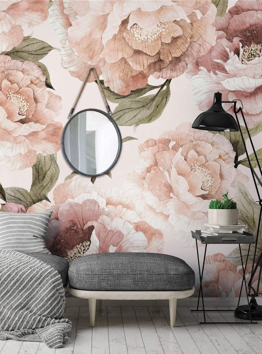 Vibrant floral wall mural showcasing a lush bouquet of blooming pink and white peony flowers, creating a stunning focal point and adding a botanical touch to the cozy, modern living space.  , Top Sellers,Wall Murals,Peel and Stick Wallpaper,Floral Wallpaper,Nature Wallpaper,Kids and Baby Nursery Wallpaper,Floral Murals,Nature Murals,Kids Murals,All Products,Wallpaper and Murals