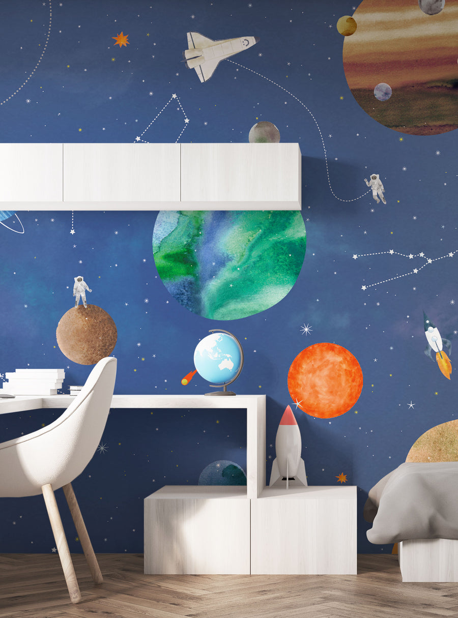Vibrant and imaginative mural showcasing a whimsical outer space theme with colorful planets, rockets, and floating astronauts, perfect for creating an immersive and engaging atmosphere in a kid's room or nursery. , Top Sellers,Wall Murals,Peel and Stick Wallpaper,Nature Wallpaper,Kids and Baby Nursery Wallpaper,Nature Murals,Kids Murals,All Products,Wallpaper and Murals