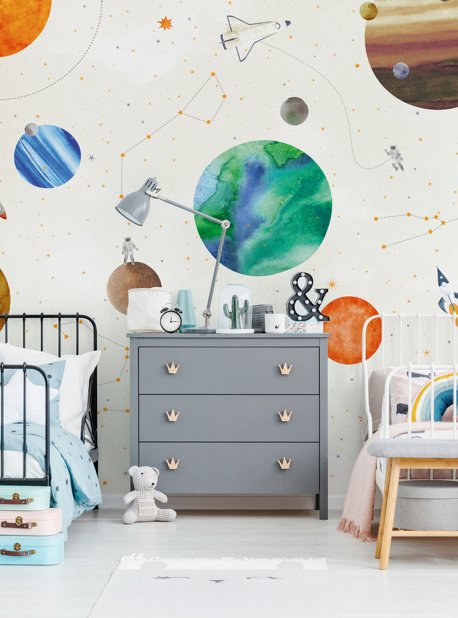 Detailed outer space wall mural featuring planets, stars, and a space shuttle, creating an immersive and educational environment for kids. This peel and stick wallpaper mural can transform any wall into an intergalactic wonderland. , Top Sellers,Wall Murals,Peel and Stick Wallpaper,Nature Wallpaper,Kids and Baby Nursery Wallpaper,Nature Murals,Kids Murals,All Products,Wallpaper and Murals