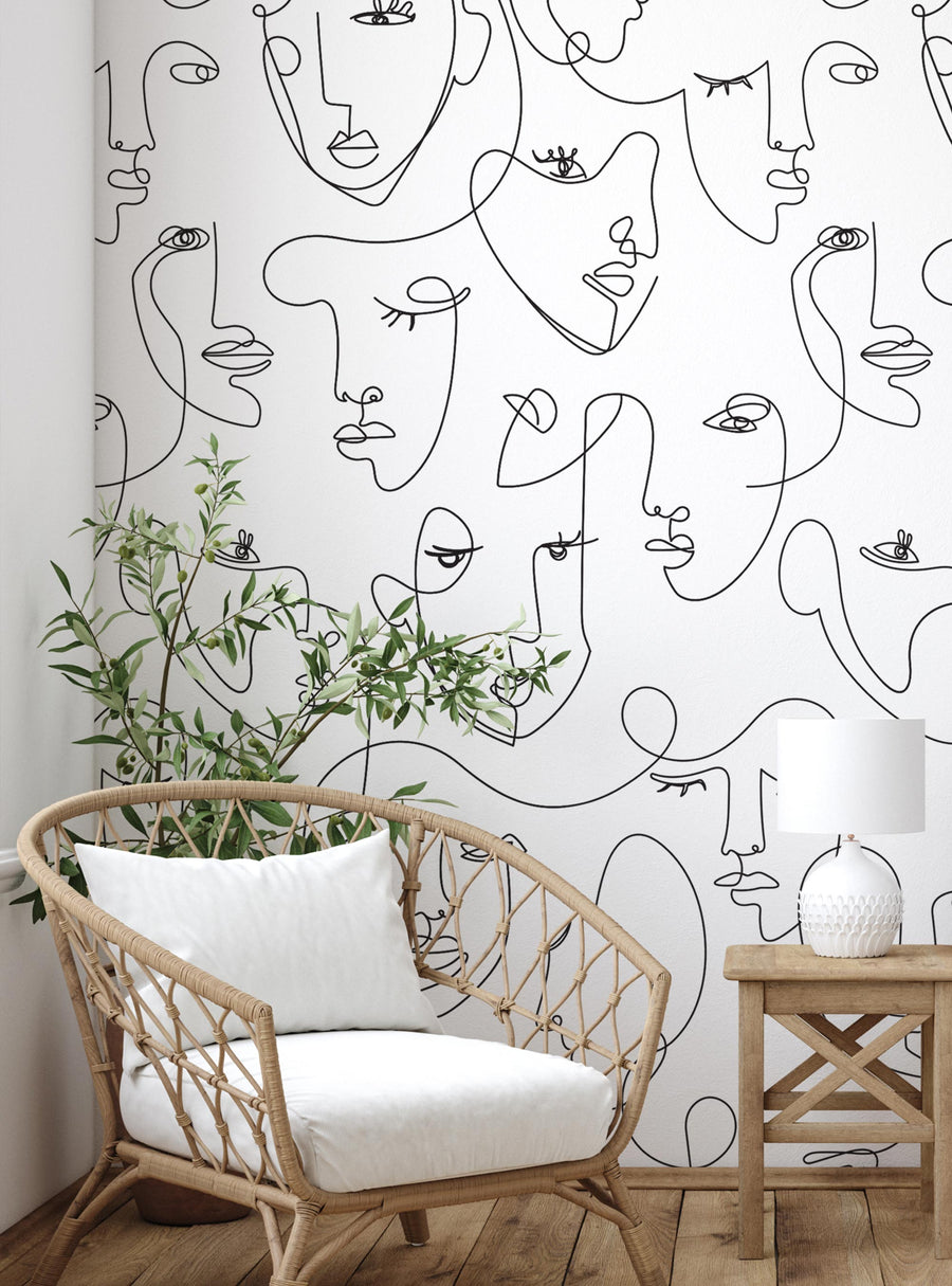 Minimalist abstract line art with stylized faces, perfect as a peel and stick mural for walls. Sophisticated and artistic decor solution for entryways, living rooms, and dining areas. , Top Sellers,Wall Murals,Peel and Stick Wallpaper,Abstract Murals and Wallpaper,All Products,Wallpaper and Murals,Back To School,Back to School Collection 2024