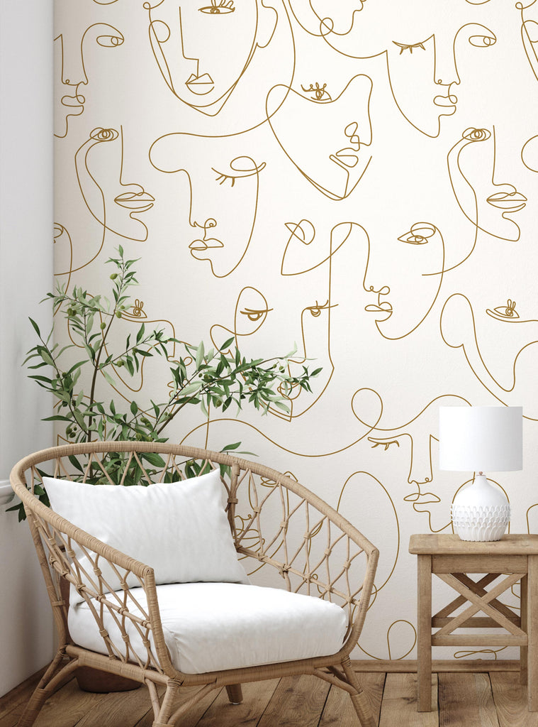 Line Design Mural Minimalist Faces Line Art Mural Wallpaper – Simple Shapes