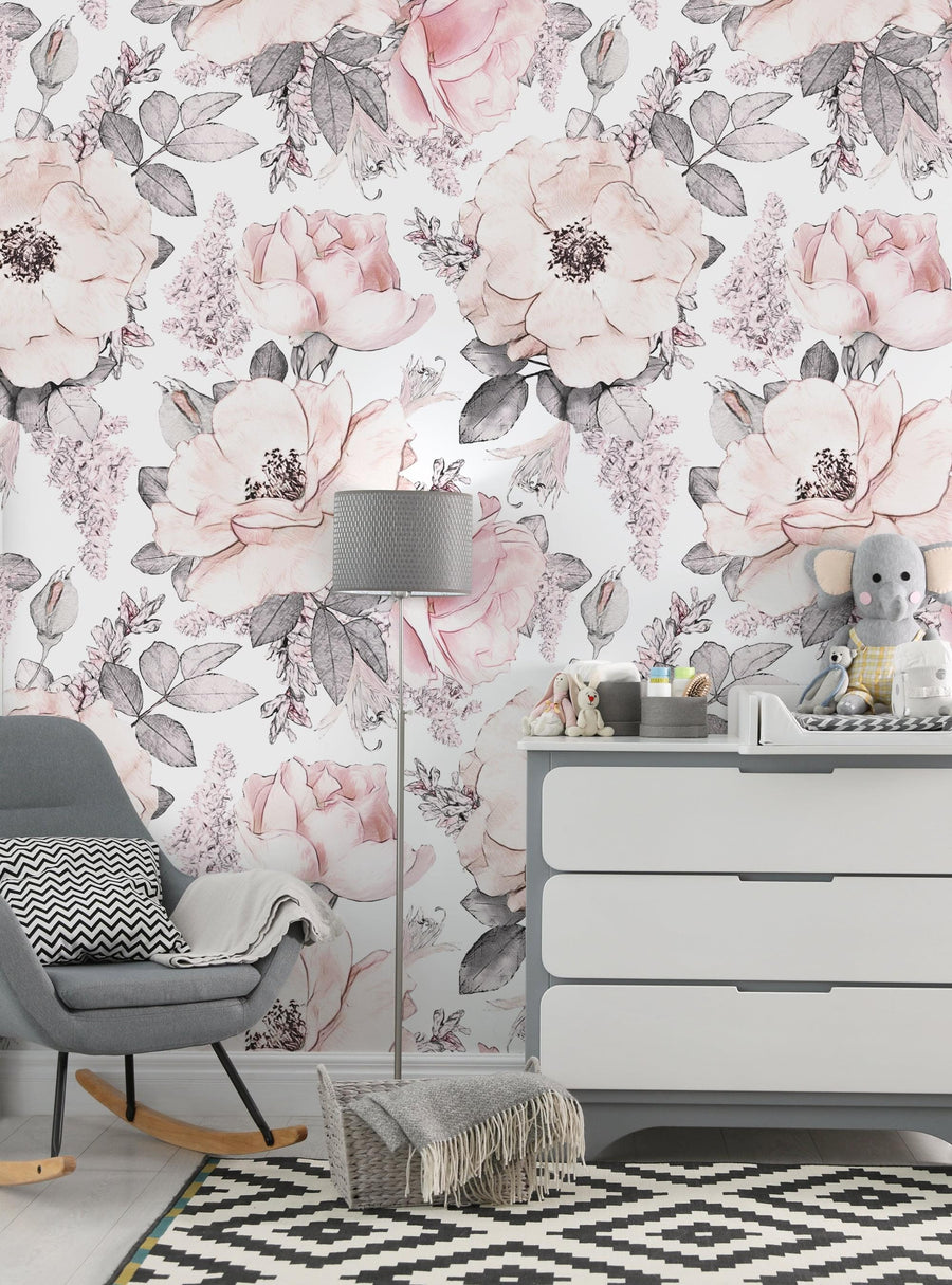 Detailed floral mural wallpaper featuring large blush-colored flowers, leaves, and petals in a whimsical, garden-inspired design, bringing nature's beauty into any room, Top Sellers,Wall Murals,Peel and Stick Wallpaper,Nature Wallpaper,Kids and Baby Nursery Wallpaper,Nature Murals,Kids Murals,All Products,Wallpaper and Murals