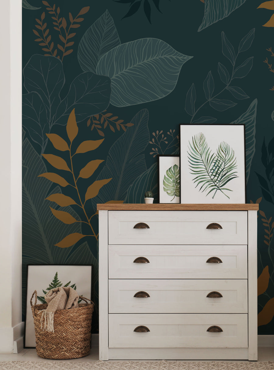 A whimsical and nature-inspired floral mural with hand-drawn leaves and botanical patterns, creating a lush and serene atmosphere in a modern home decor setting. , Top Sellers,Wall Murals,Peel and Stick Wallpaper,Floral Wallpaper,Nature Wallpaper,Kids and Baby Nursery Wallpaper,Floral Murals,Nature Murals,Kids Murals,All Products,Wallpaper and Murals