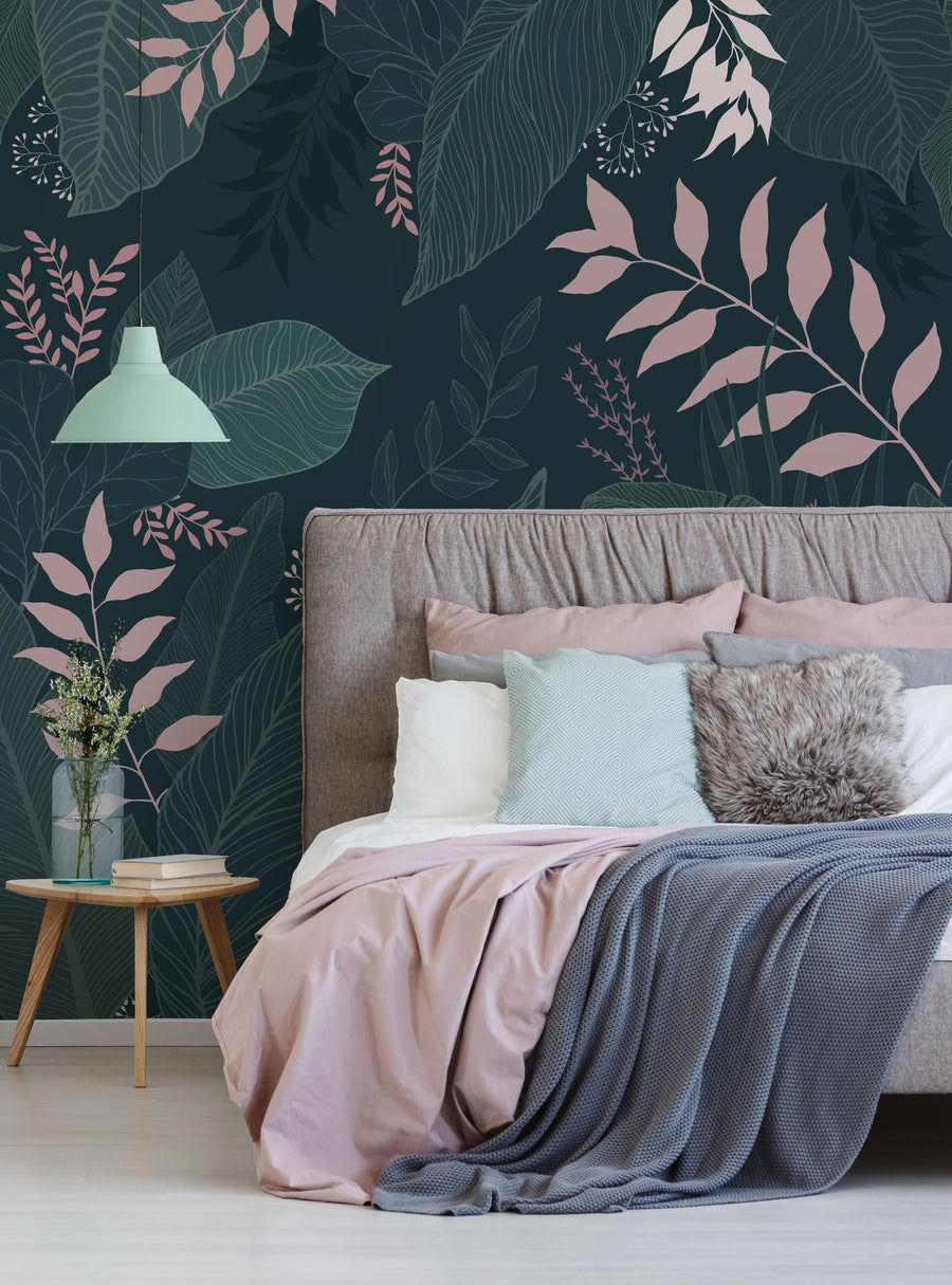 Hand drawn floral leaves peel and stick mural, featuring a whimsical, intricate pattern of leaves in various shades of green and pink, creating a natural, botanical atmosphere that would beautifully adorn any wall. Top Sellers,Wall Murals,Peel and Stick Wallpaper,Floral Wallpaper,Nature Wallpaper,Kids and Baby Nursery Wallpaper,Floral Murals,Nature Murals,Kids Murals,All Products,Wallpaper and Murals