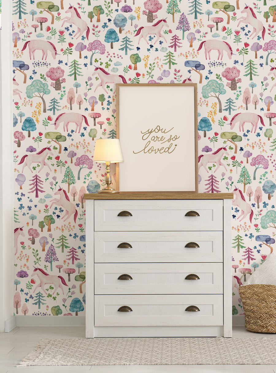A whimsical unicorn forest peel and stick mural, featuring a vibrant pattern of enchanted woodland creatures, lush foliage, and magical mushrooms. This captivating design is perfect for bringing a child's fairytale dreams to life in any nursery or bedroom, creating a world of wonder and imagination. Top Sellers,Wall Murals,Peel and Stick Wallpaper,Kids and Baby Nursery Wallpaper,Kids Murals,All Products,Wallpaper and Murals