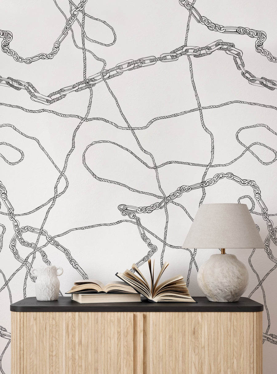 An intricate pattern of abstract, intertwining ropes and chains in black and gold, creating a unique and elegant visual aesthetic, Top Sellers,Wall Murals,Peel and Stick Wallpaper,Abstract Murals and Wallpaper,All Products,Wallpaper and Murals.