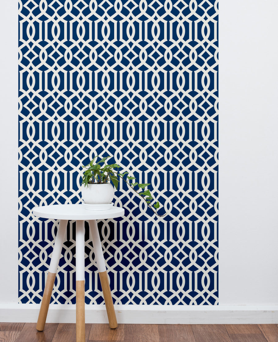 Modern trellis pattern with bold navy blue and white design, ideal for DIY room updates without mess and hassle, Top Sellers,Peel and Stick Wallpaper,Geometric & Pattern Wallpaper,All Products,Unpasted Wallpaper,Wallpaper and Murals