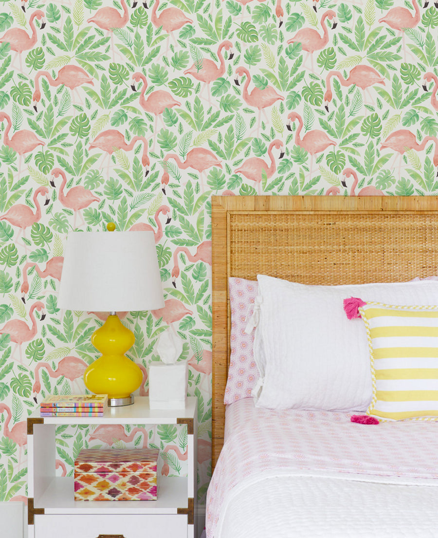 Colorful tropical flamingo mural wallpaper with lush greenery and vibrant pink flamingos, creating a cheerful and playful atmosphere for any space, making it a great addition to ,Top Sellers,Peel and Stick Wallpaper,Nature Wallpaper,Kids and Baby Nursery Wallpaper,All Products,Unpasted Wallpaper,Wallpaper and Murals.