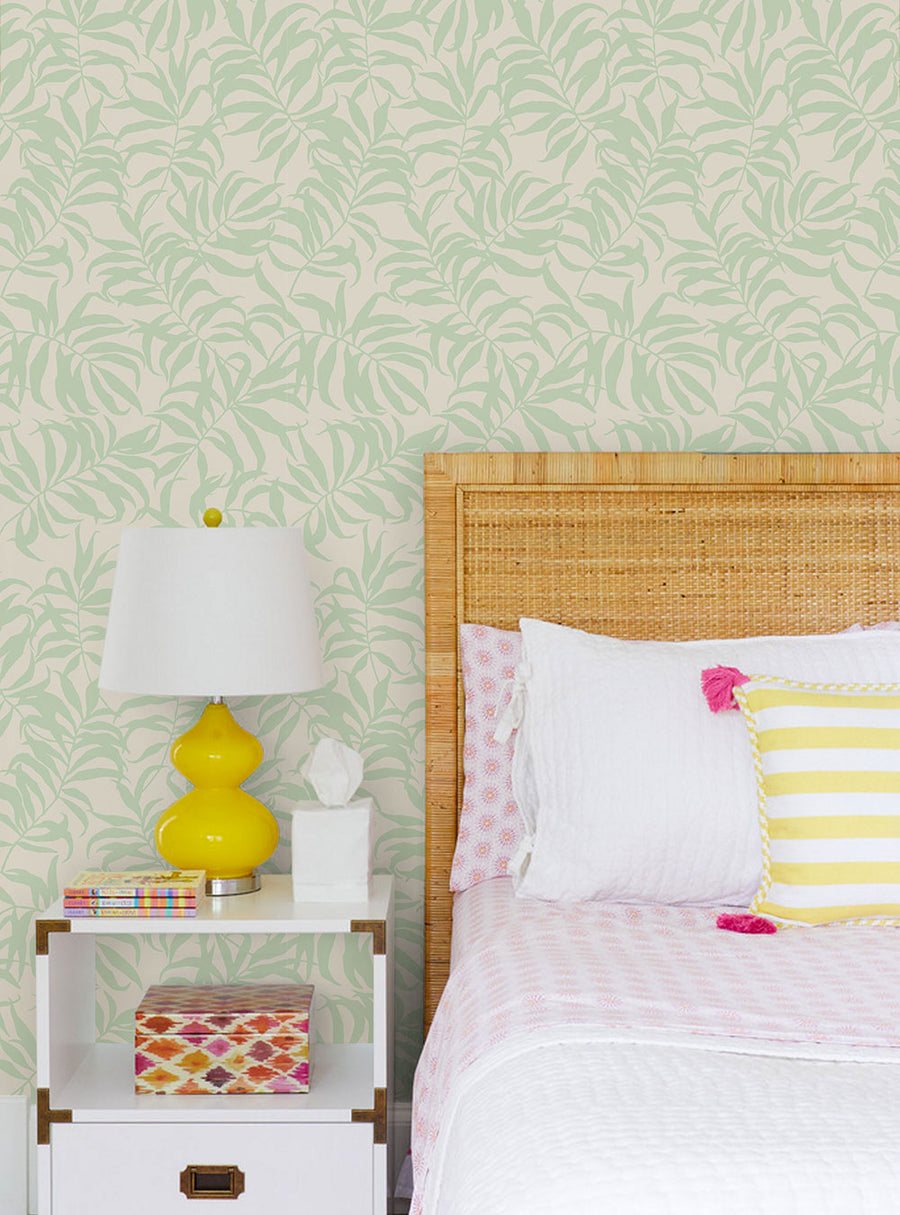 Detailed description of tropical palm leaves wallpaper pattern with lush foliage and assorted leaf shapes and sizes, creating a vibrant and exotic design that brings the beauty of the tropics into the home, Top Sellers, Peel and Stick Wallpaper, Floral Wallpaper, Nature Wallpaper, Kids and Baby Nursery Wallpaper, All Products, Unpasted Wallpaper, Wallpaper and Murals