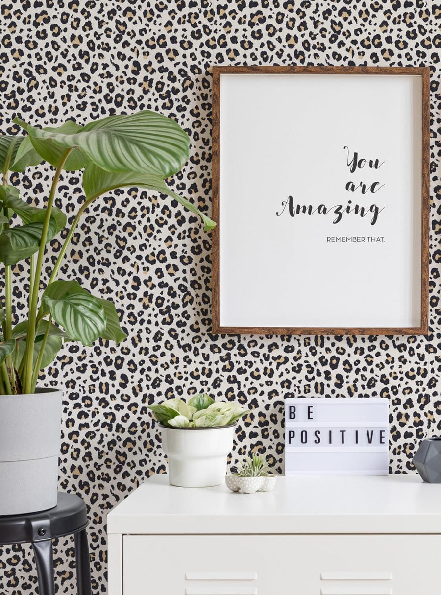 You are amazing, remember that." This eye-catching alt text captures the essence of the inspirational quote featured in the image, while highlighting the leopard print wallpaper that adds a touch of wild style to the space. It encompasses the product's nature-inspired design and positive message, perfect for shoppers seeking a bold and uplifting decor piece. , Top Sellers,Peel and Stick Wall, W9227-LightNaturalBrown-Sample-Vinyl, W9227-LightNaturalBrown-Sample-Fabric, W9227-LightNaturalBrown-Sample-Unpasted