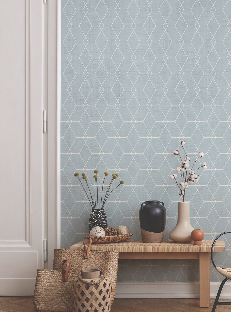 The alt text for the image could be: "Hexagon Geometric Art Deco Lines Wallpaper, Top Sellers,Peel and Stick Wallpaper,Geometric & Pattern Wallpaper,All Products,Unpasted Wallpaper,Wallpaper and Murals"

The wallpaper features a geometric hexagon pattern with art deco-inspired lines in a light blue and white color scheme. The textured background adds depth and visual interest to the design. This premium adhesive-backed wallpaper is perfect for DI