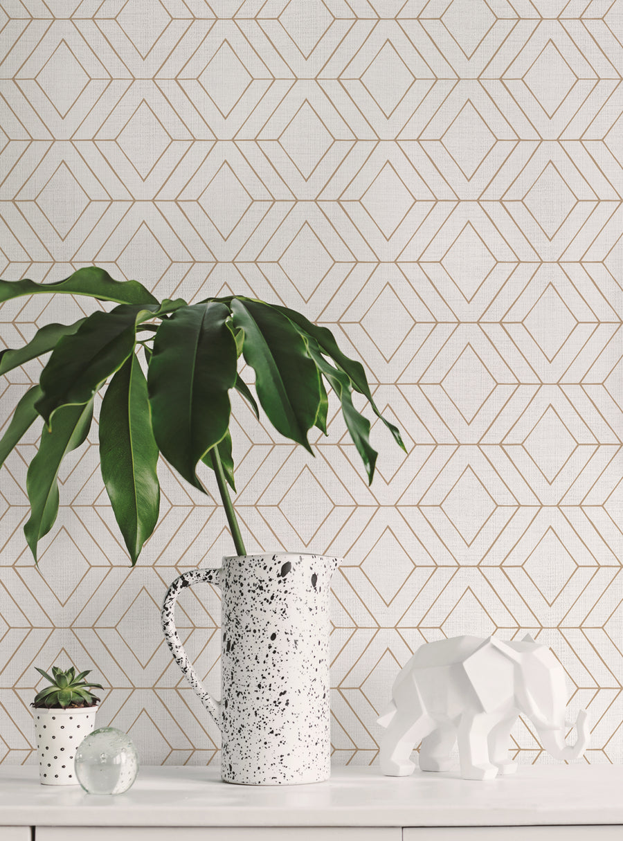 Detailed decorative geometric pattern with diamond shapes and Art Deco-inspired lines on a textured white wallpaper background, Top Sellers,Peel and Stick Wallpaper,Geometric & Pattern Wallpaper,All Products,Unpasted Wallpaper,Wallpaper and Murals