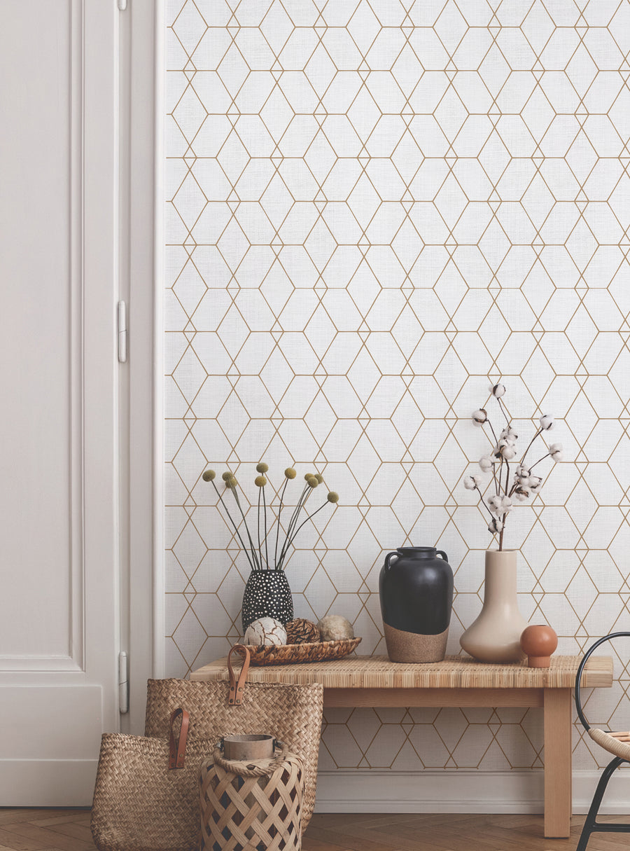 Decorative geometric art deco pattern with hexagon lines on textured white wallpaper, Top Sellers,Peel and Stick Wallpaper,Geometric & Pattern Wallpaper,All Products,Unpasted Wallpaper,Wallpaper and Murals