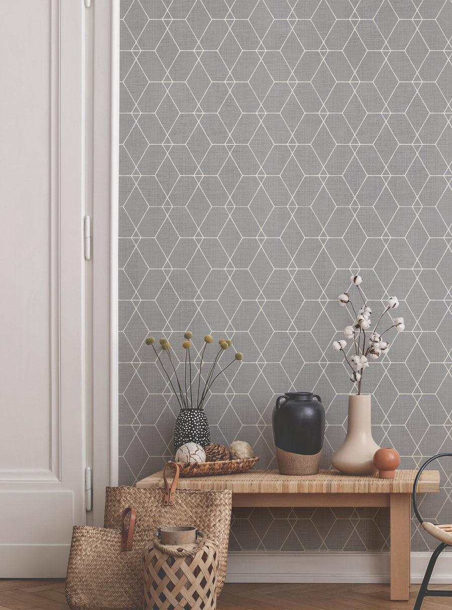 This contemporary hexagon geometric art deco wallpaper features a bold and chic pattern that instantly adds dimension and elegance to any room. The intricate geometric design in shades of grey creates a sleek, modern look that is perfect for reinventing your home decor., Top Sellers,Peel and Stick Wallpaper,Geometric & Pattern Wallpaper,All Products,Unpasted Wallpaper,Wallpaper and Murals