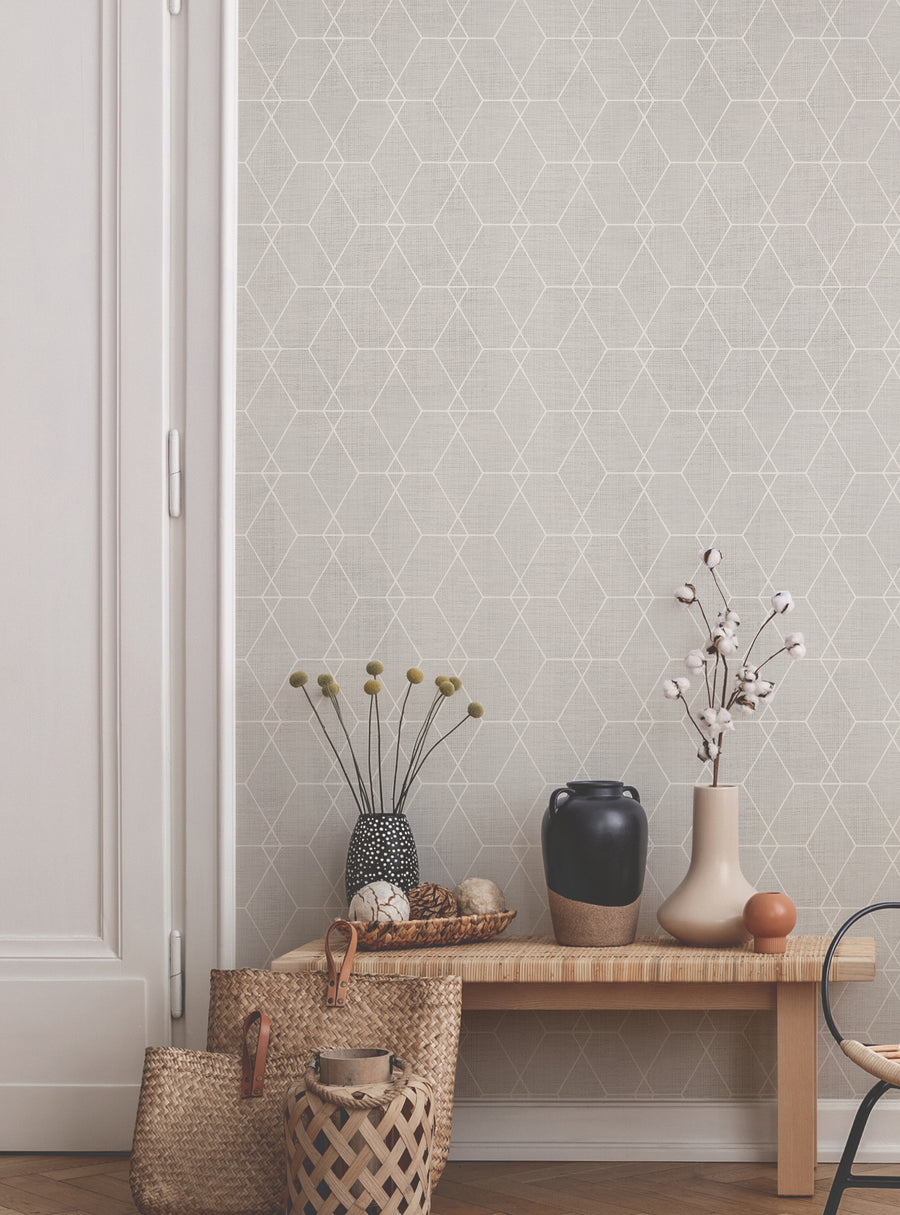A geometric hexagon pattern adorns this elegant art deco-inspired wallpaper, creating a textured and visually striking backdrop. The neutral color scheme and subtle sheen add depth and sophistication to any space. , Top Sellers,Peel and Stick Wallpaper,Geometric & Pattern Wallpaper,All Products,Unpasted Wallpaper,Wallpaper and Murals