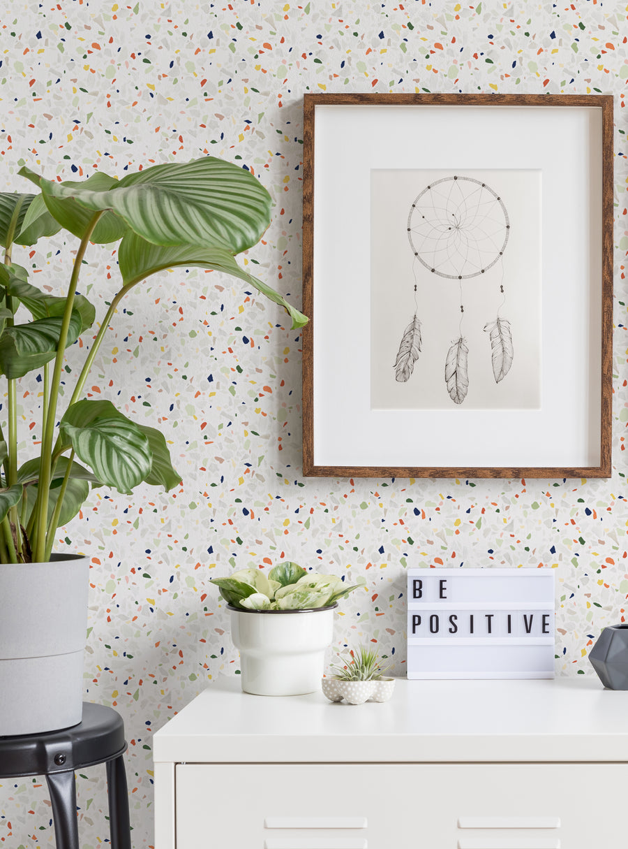 Decorative terrazzo-patterned repositionable wallpaper with vibrant splashes of color, perfect for DIY room makeovers without the hassle of traditional wallpaper. Top Sellers,Peel and Stick Wallpaper,Surface & Texture Wallpaper,Geometric & Pattern Wallpaper,Kids and Baby Nursery Wallpaper,Abstract Murals and Wallpaper,All Products,Unpasted Wallpaper,Wallpaper and Murals