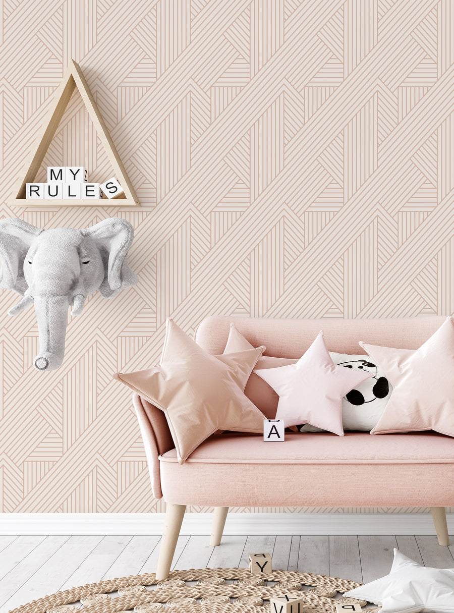 Geometric and intricately patterned wallpaper featuring an interwoven parquet design in a bold, neutral color scheme. Perfect for adding visual interest and texture to any room. Featured Collection,Top Sellers,Peel and Stick Wallpaper,Geometric & Pattern Wallpaper,All Products,Unpasted Wallpaper,Wallpaper and Murals