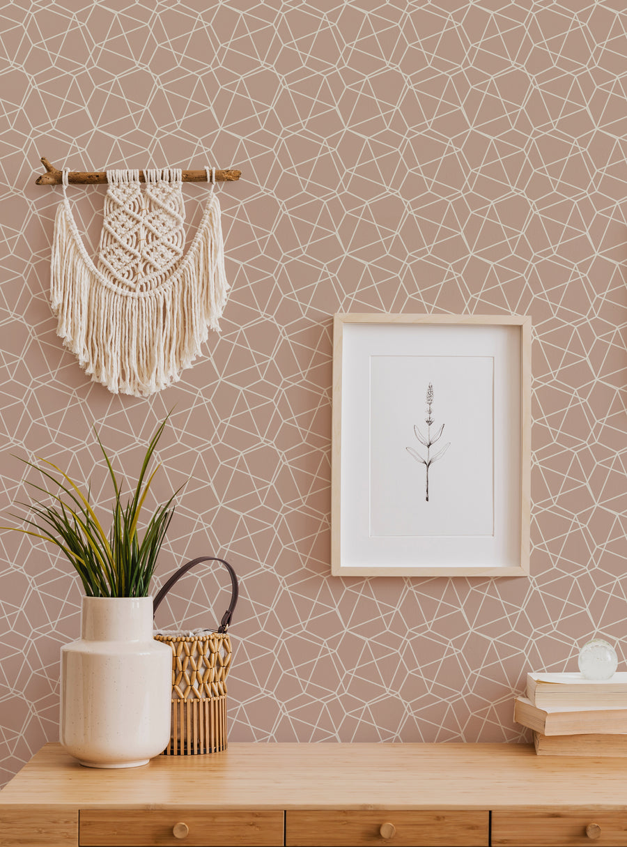 A geometric wire mesh design that adds a modern, organic touch to any room. This peel and stick wallpaper features a repeating pattern of intersecting lines, creating a visually striking and eye-catching accent wall. The neutral tone blends seamlessly with various decor styles, making it a versatile choice for accenting or transforming your living space. , Top Sellers,Peel and Stick Wallpaper,Geometric & Pattern Wallpaper,All Products,Unpasted Wa
