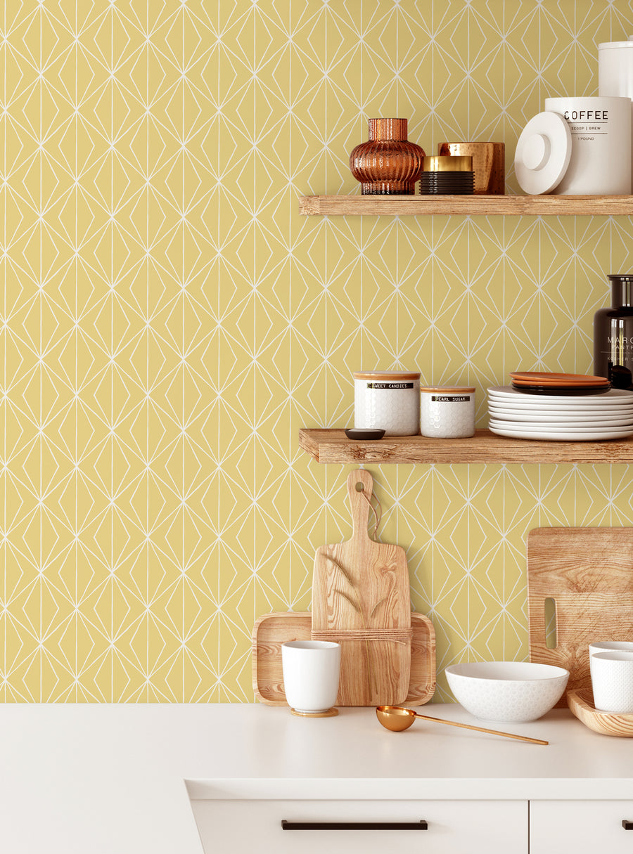 Decorative diamond-patterned wallpaper adorns the kitchen shelves, featuring wooden kitchen accessories and cooking utensils. The warm, geometric design adds a stylish and modern touch to the space, complementing the natural wood tones and white cabinetry., Top Sellers,Peel and Stick Wallpaper,Geometric & Pattern Wallpaper,All Products,Unpasted Wallpaper,Wallpaper and Murals
