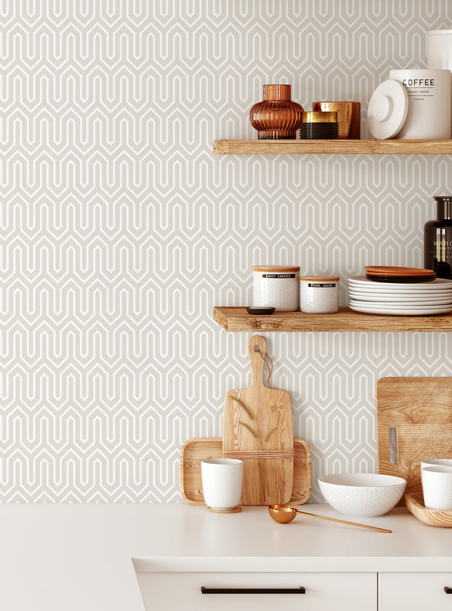 Alt text: Stylish geometric patterned wallpaper with wooden shelves displaying various kitchen decor items, including ceramic containers, copper vase, and wooden utensils. This contemporary and modern design creates a visually dynamic and sophisticated backdrop for the kitchen space. , Top Sellers,Peel and Stick Wallpaper,Geometric & Pattern Wallpaper,All Products,Unpasted Wallpaper,Wallpaper and Murals