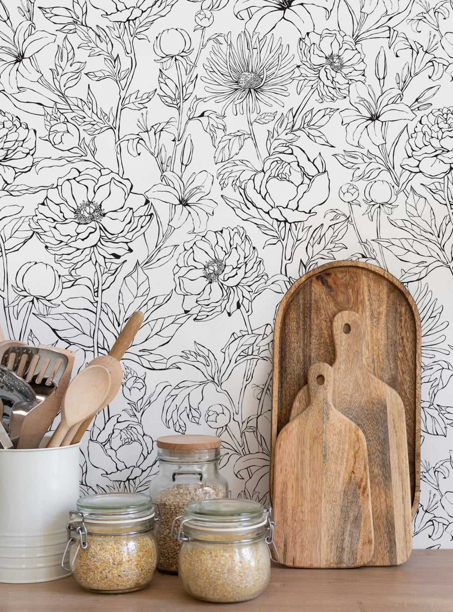 Hand-drawn botanical garden flowers wallpaper with a delicate floral pattern, perfect for adding a soft touch to any room. This custom design allows you to easily change the color to match your home's accents. Top Sellers,Peel and Stick Wallpaper,Floral Wallpaper,Nature Wallpaper,Kids and Baby Nursery Wallpaper,All Products,Unpasted Wallpaper,Wallpaper and Murals,Dorm Room Ideas and Trends