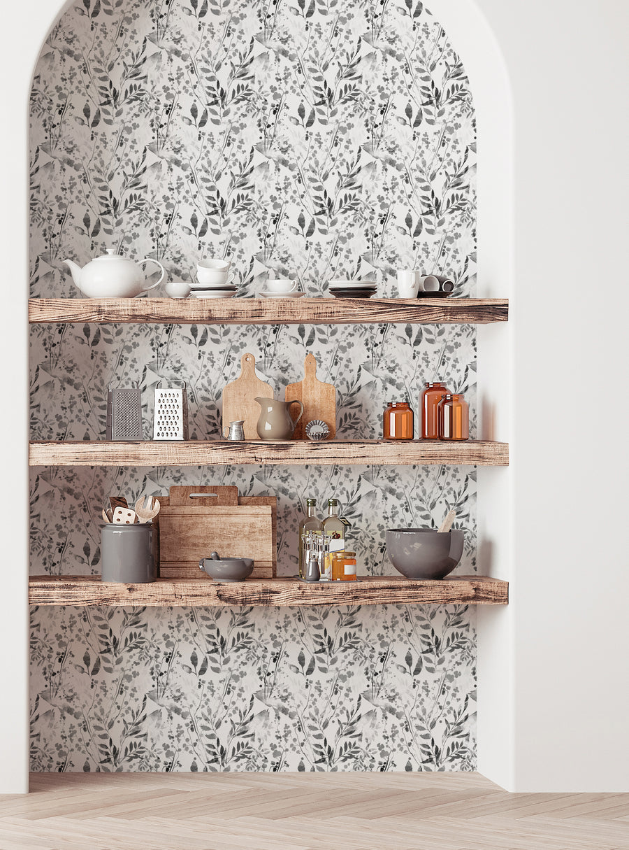 Detailed watercolor foliage pattern on peel and stick wallpaper, creating a natural and calming atmosphere in the home, with rustic wooden shelves displaying various kitchenware, Top Sellers,Peel and Stick Wallpaper,Floral Wallpaper,Nature Wallpaper,All Products,Unpasted Wallpaper,Wallpaper and Murals.