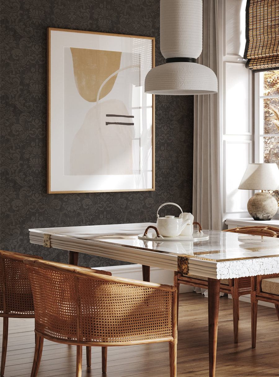 Elegant damask-patterned textured wallpaper for a chic, modern dining room with contemporary artwork and furnishings. Perfect for adding sophistication and character to your home decor. , Top Sellers,Peel and Stick Wallpaper,Kids and Baby Nursery Wallpaper,All Products,Unpasted Wallpaper,Wallpaper and Murals