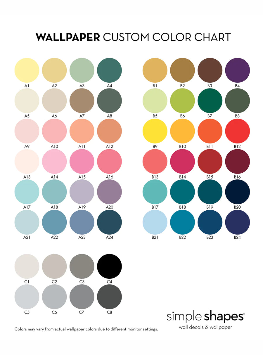 Colorful wallpaper custom color chart displaying 48 vibrant hues arranged in a grid format. Includes shades of yellow, green, blue, purple, pink, red, orange, brown, and neutral tones. Perfect for selecting the ideal Speckle Wallpaper color to suit any interior design style. Top Sellers,Peel and Stick Wallpaper,Geometric & Pattern Wallpaper,Kids and Baby Nursery Wallpaper,Abstract Murals and Wallpaper,All Products,Unpasted Wallpaper,Wallpaper and